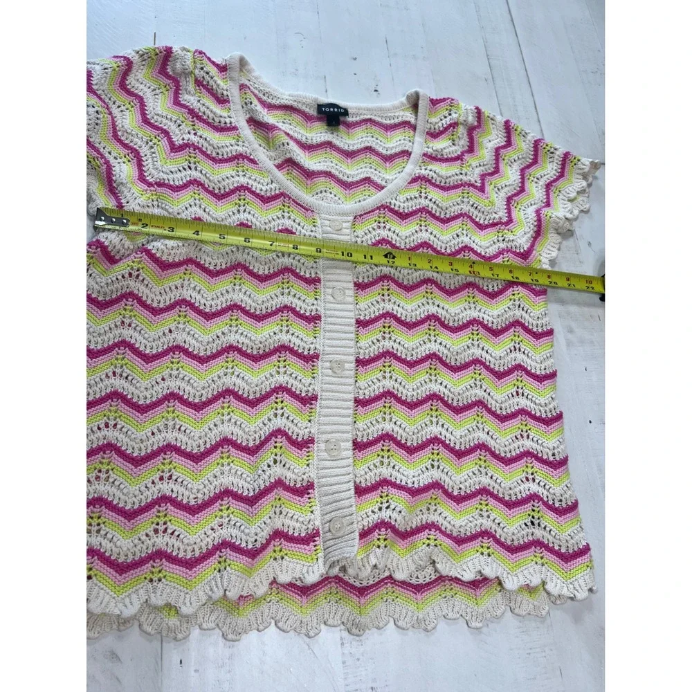 Torrid Pink Lime Green Chevron Crochet Cotton Short Sleeve Cardigan Sweater 1 - Picture 4 of 7
